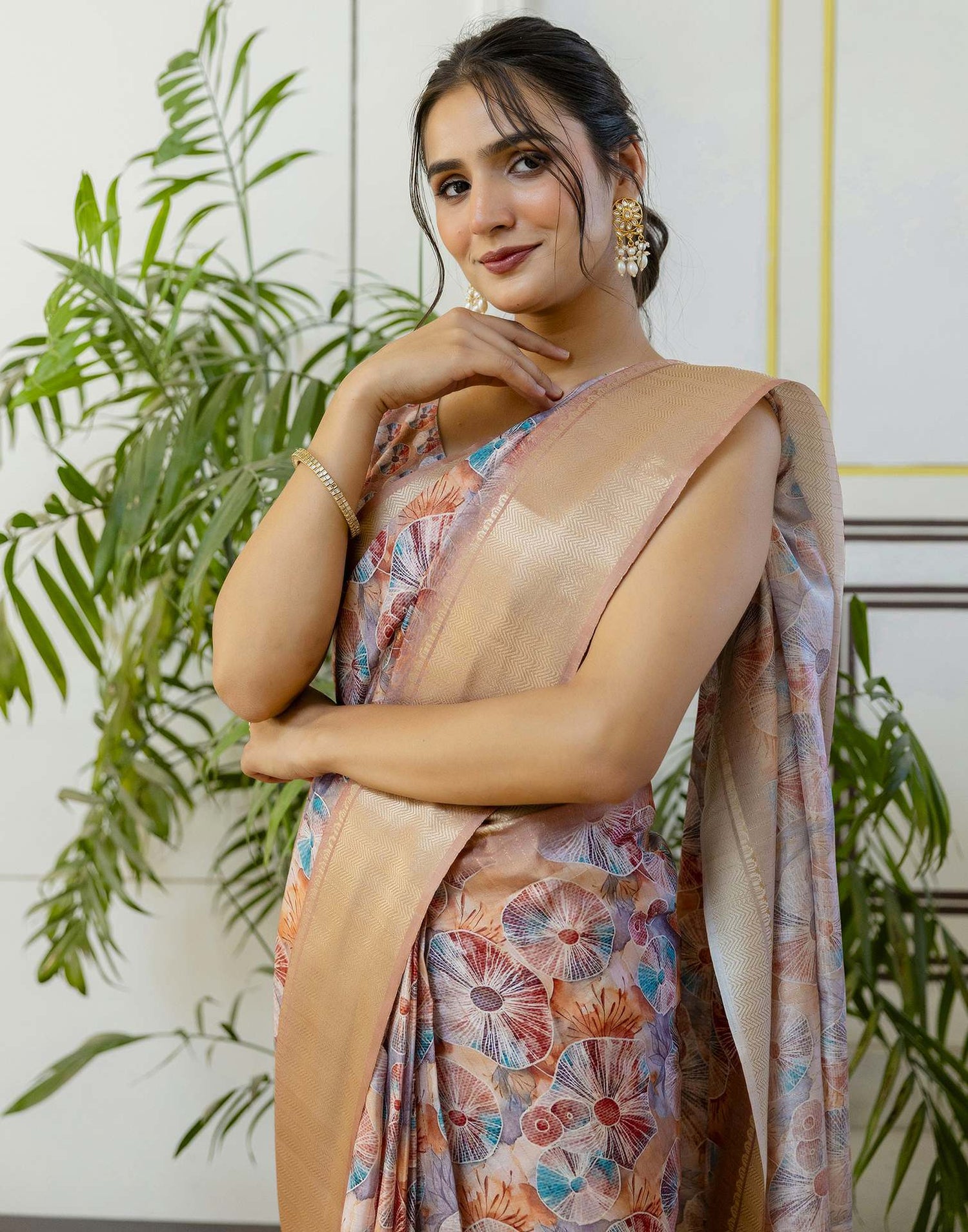 Ready To Wear Light Brown Dola Silk Woven Border Printed Saree