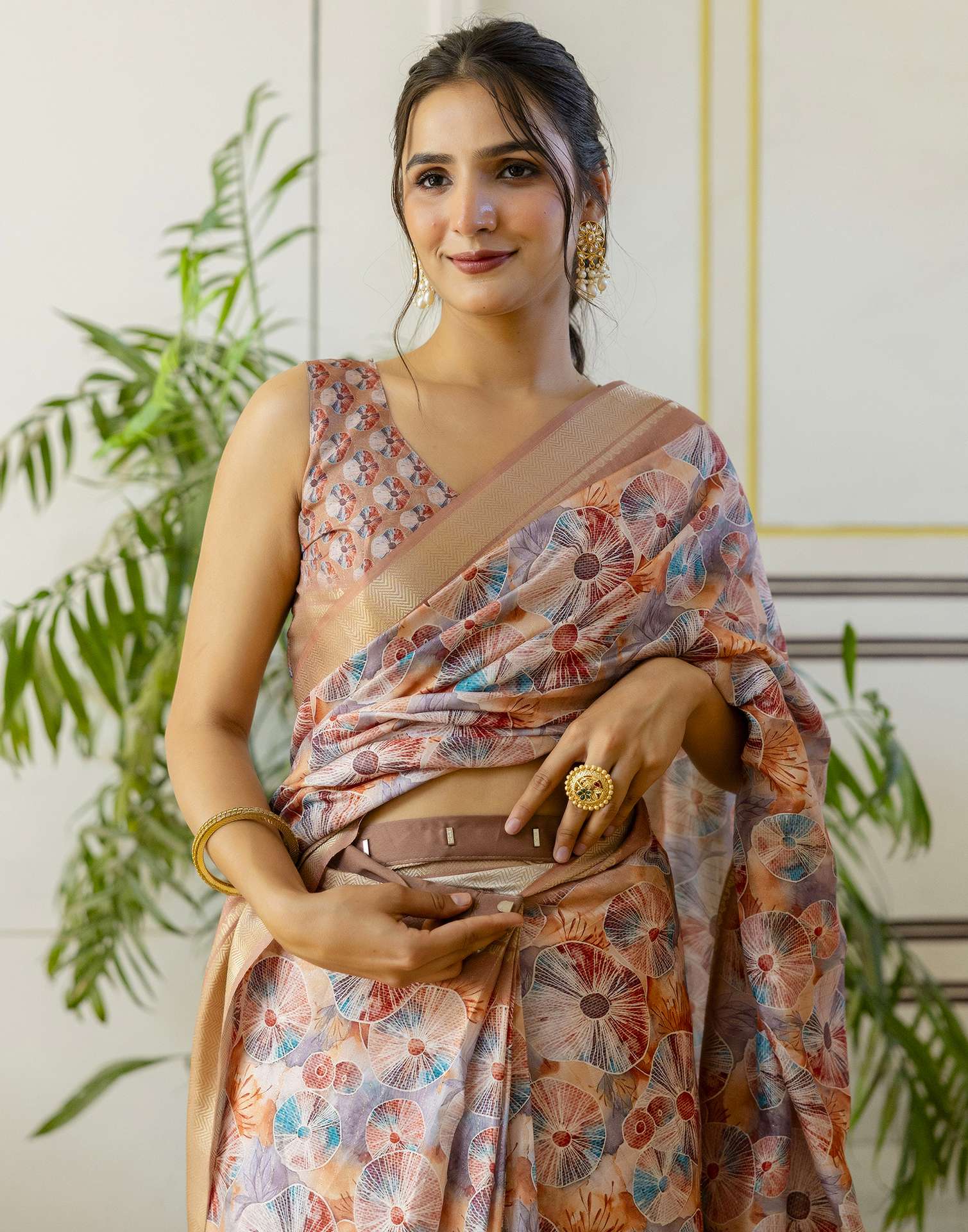 Ready To Wear Light Brown Dola Silk Woven Border Printed Saree