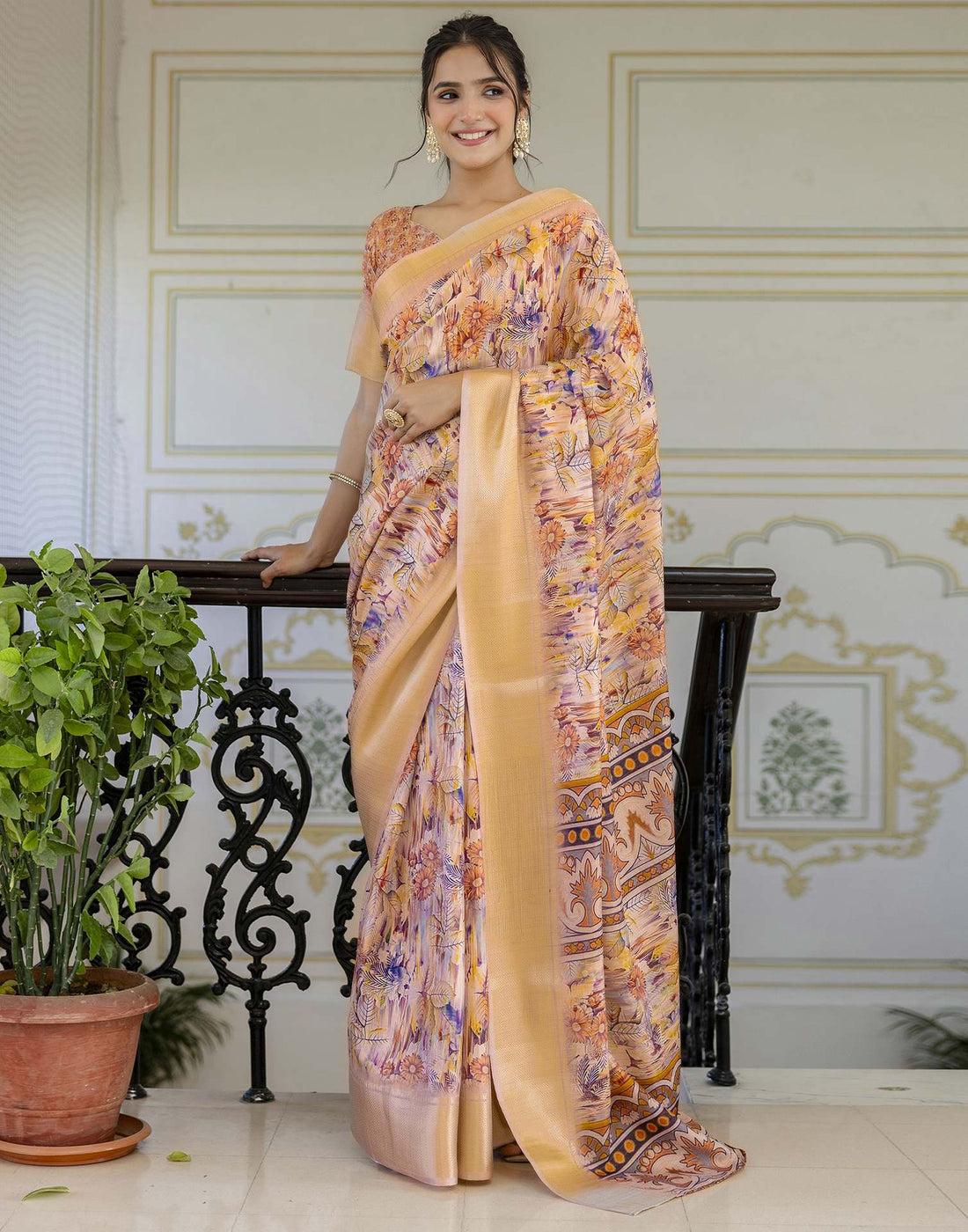Ready To Wear Light Beige Dola Silk Woven Border Printed Saree