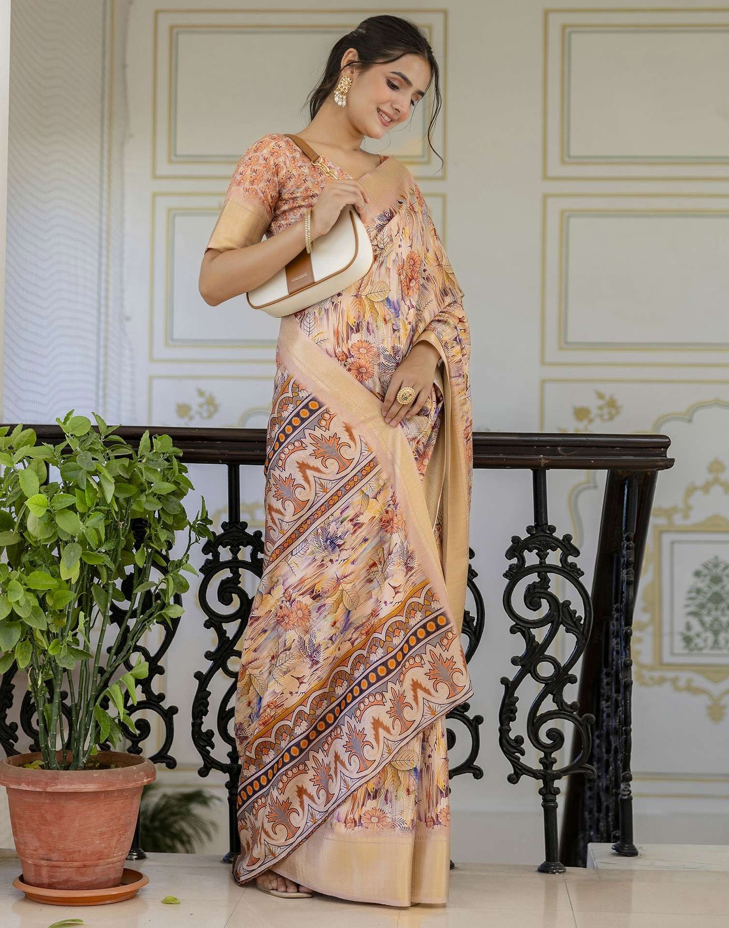 Ready To Wear Light Beige Dola Silk Woven Border Printed Saree