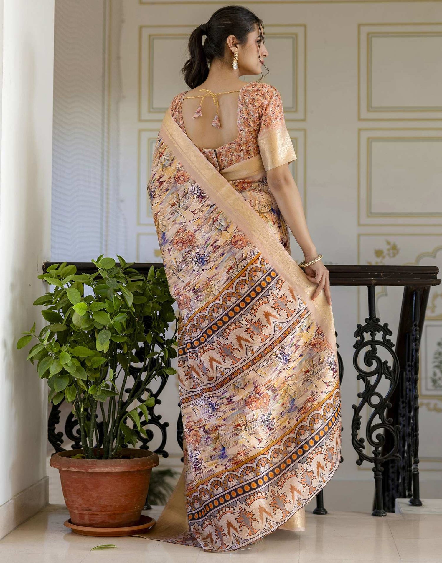 Ready To Wear Light Beige Dola Silk Woven Border Printed Saree