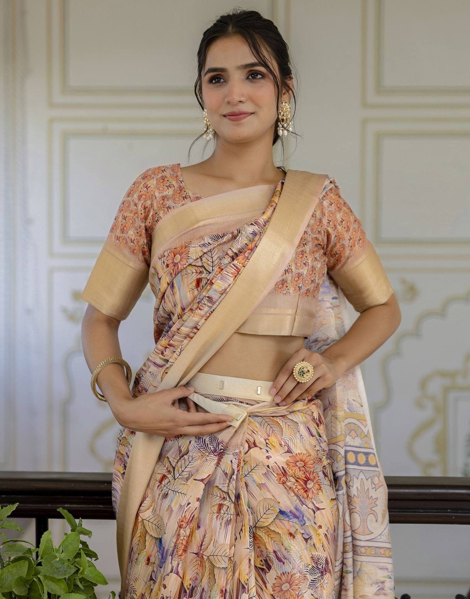 Ready To Wear Light Beige Dola Silk Woven Border Printed Saree