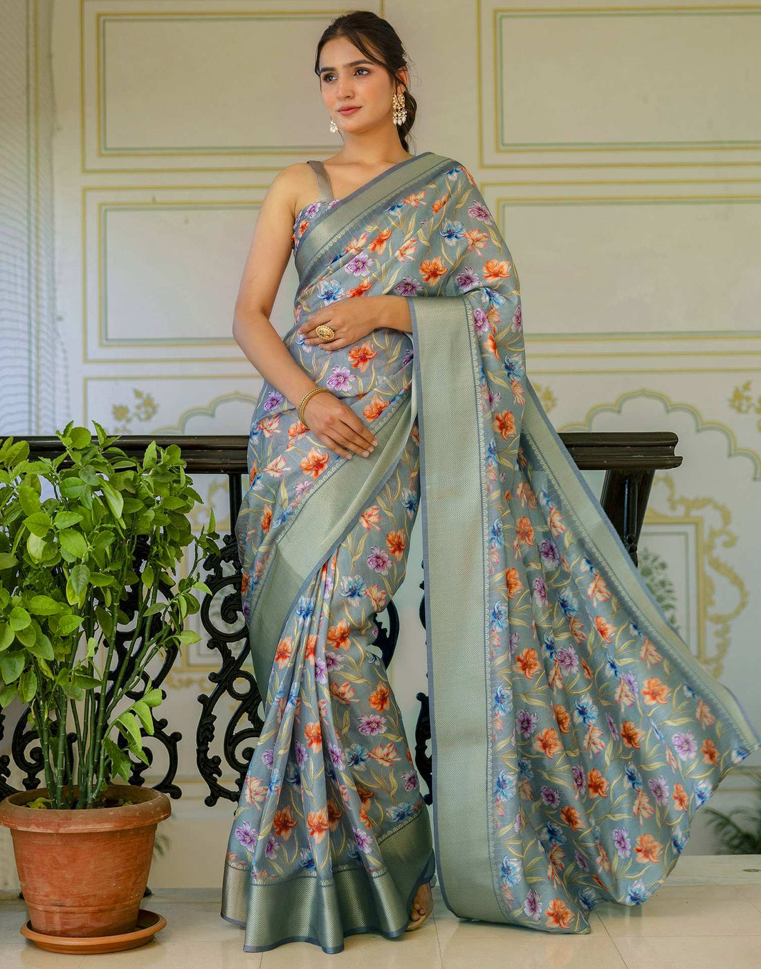 Ready To Wear Teal Green Dola Silk Woven Border Floral Printed Saree