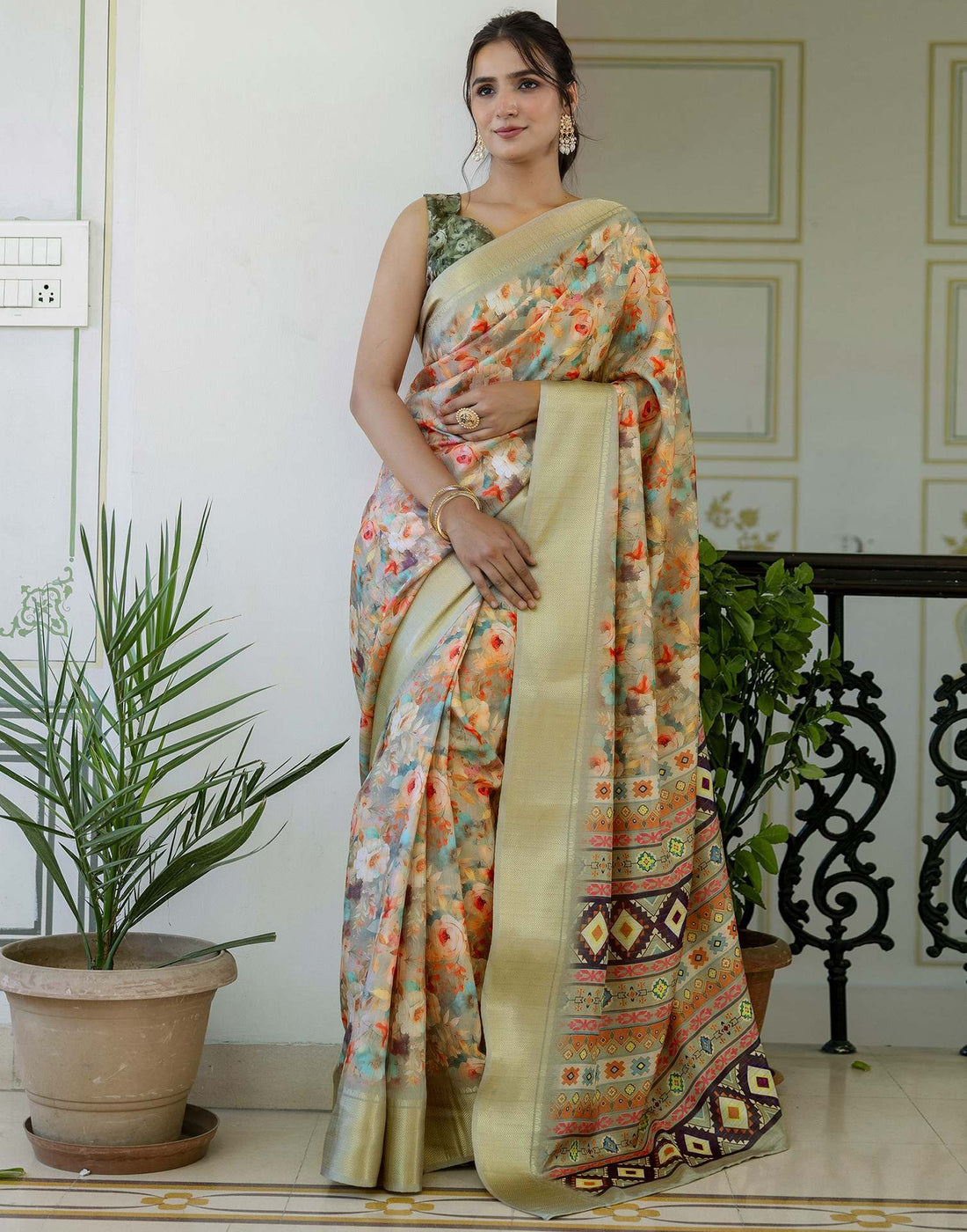 Ready To Wear Light Green Dola Silk Woven Border Printed Saree