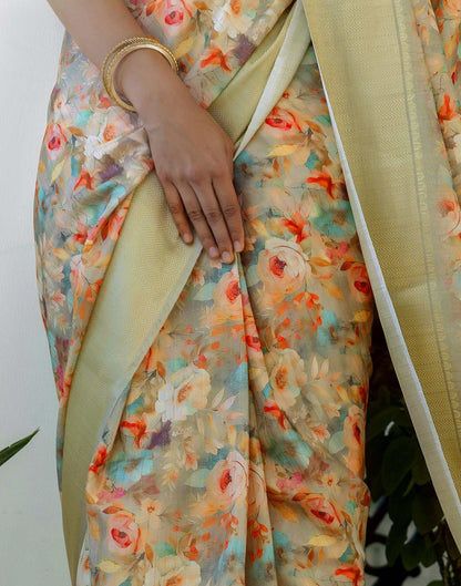 Ready To Wear Light Green Dola Silk Woven Border Printed Saree