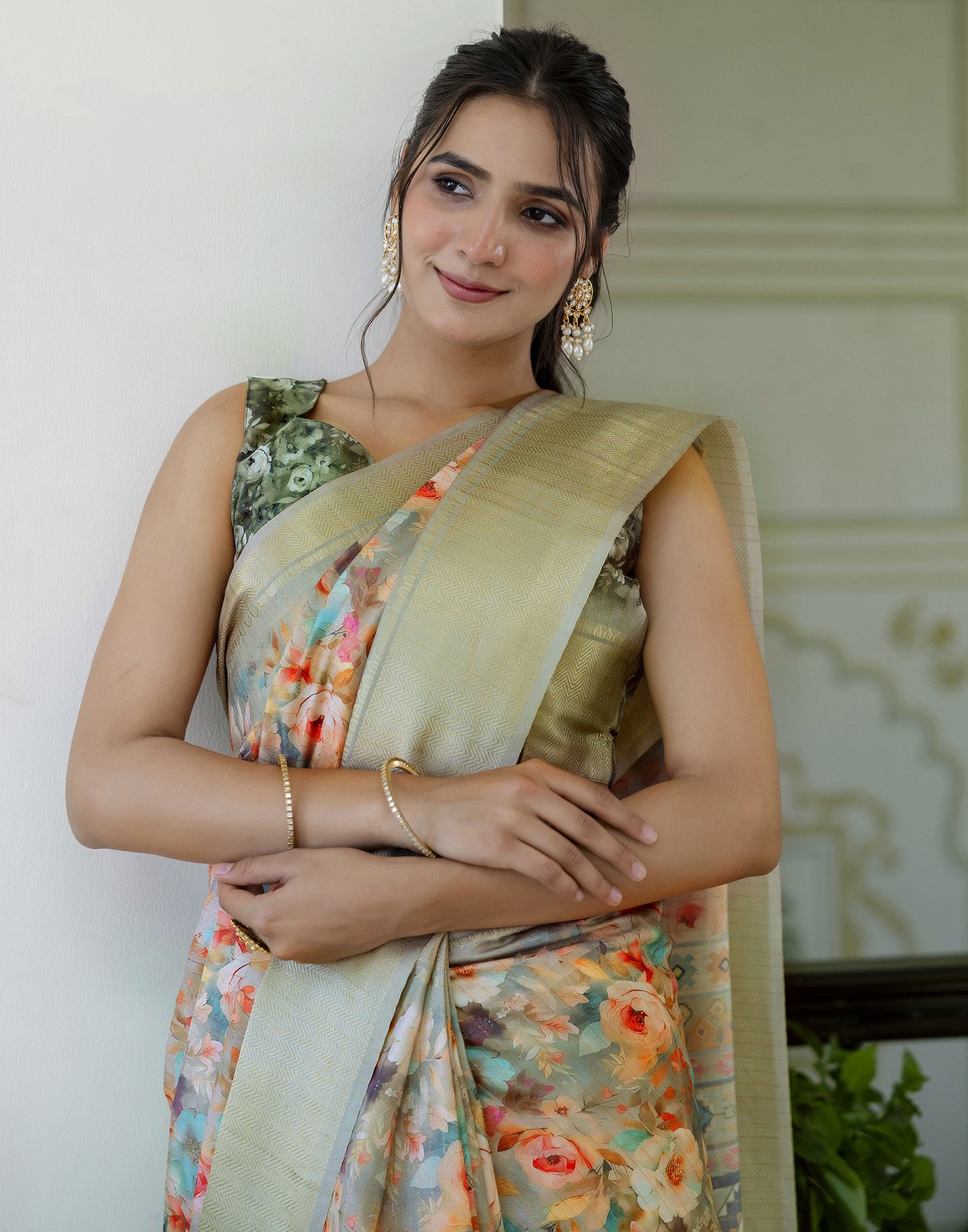 Ready To Wear Light Green Dola Silk Woven Border Printed Saree