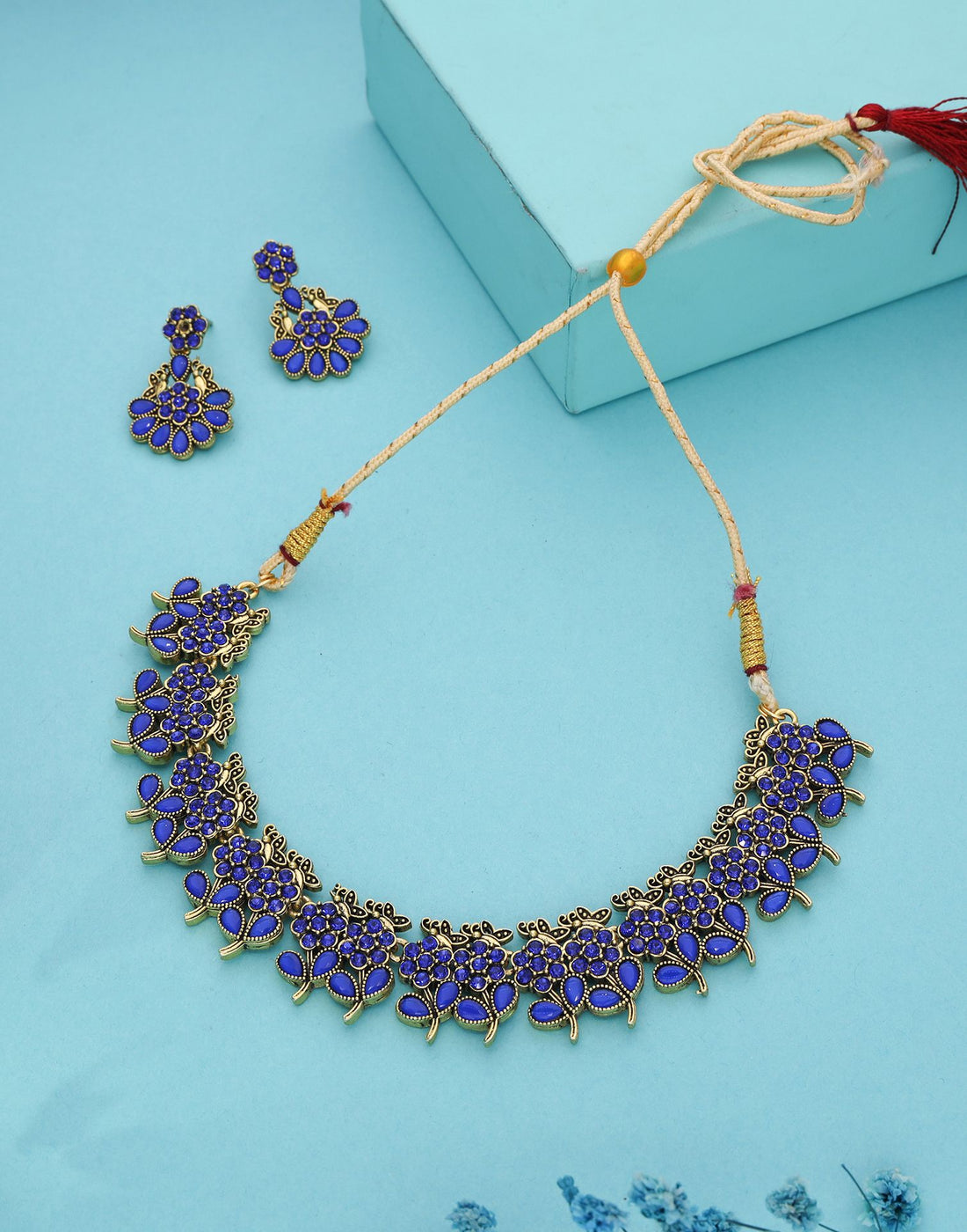 Blue Gold Choker Necklace Set With Dangle Earring