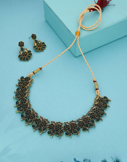 Green Gold Choker Necklace Set With Dangle Earring