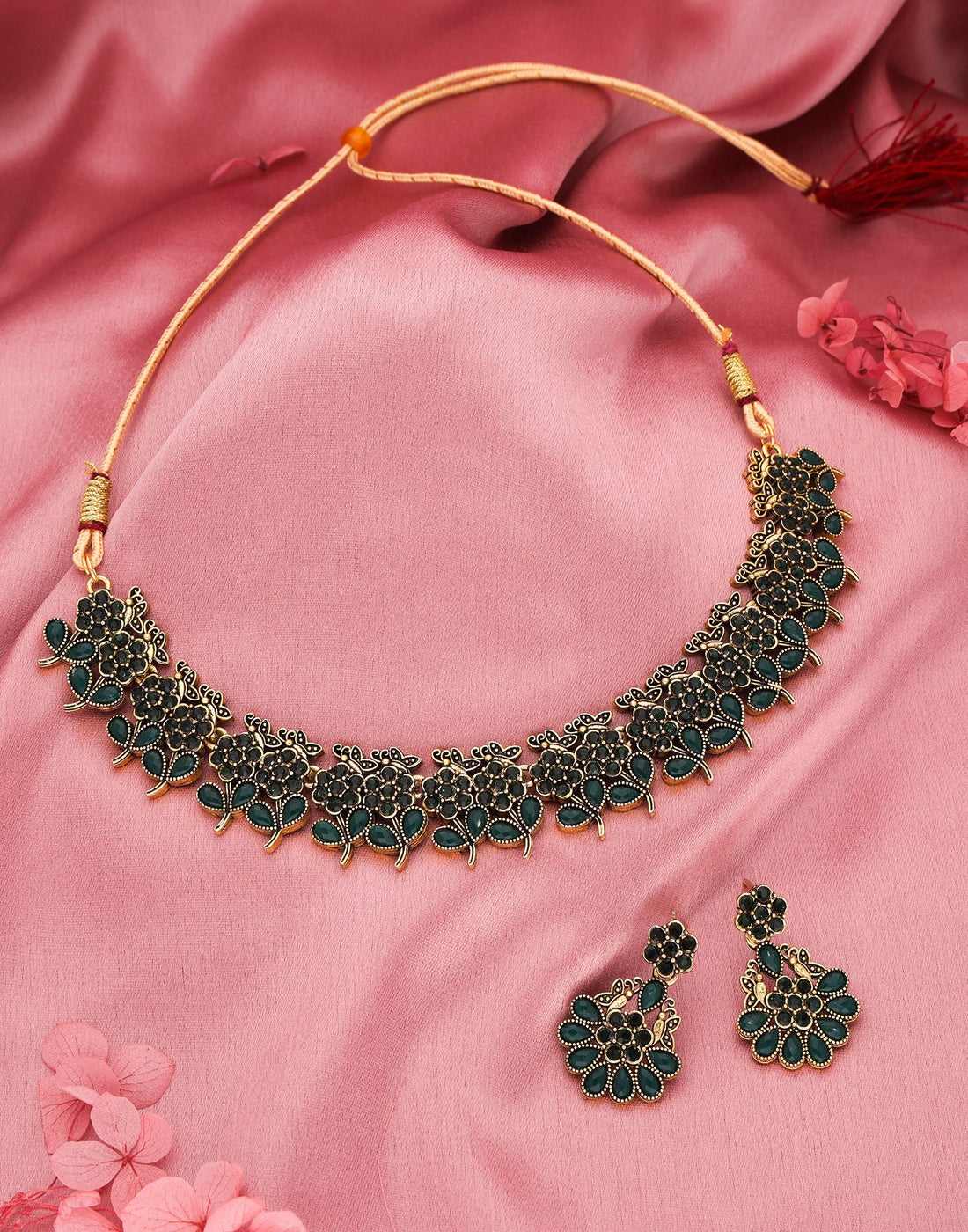 Green Gold Choker Necklace Set With Dangle Earring