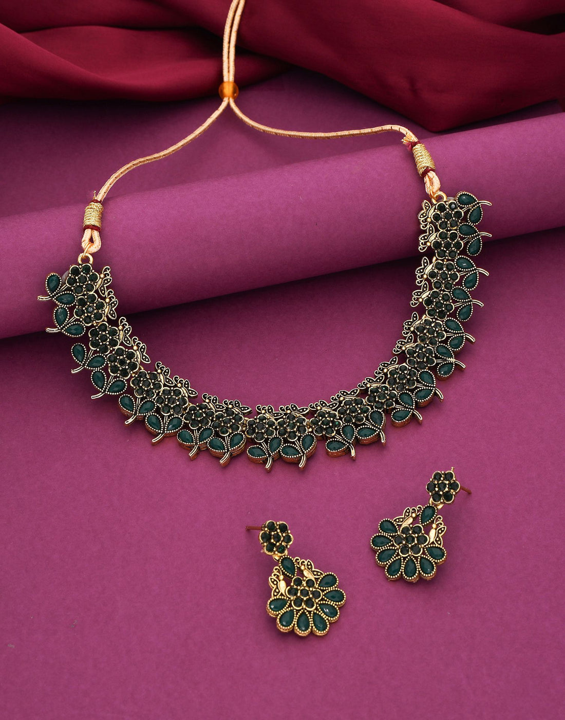 Green Gold Choker Necklace Set With Dangle Earring