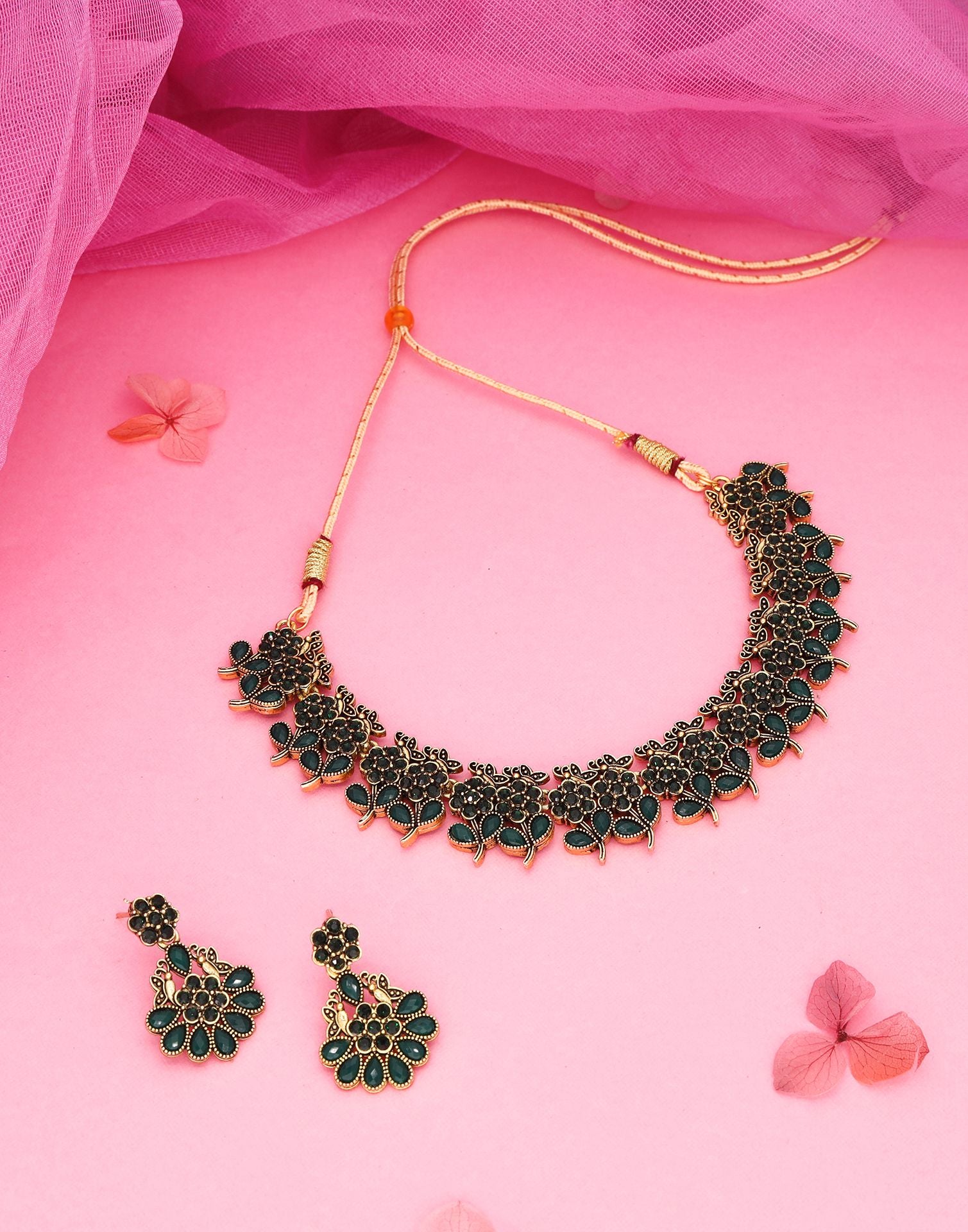 Green Gold Choker Necklace Set With Dangle Earring