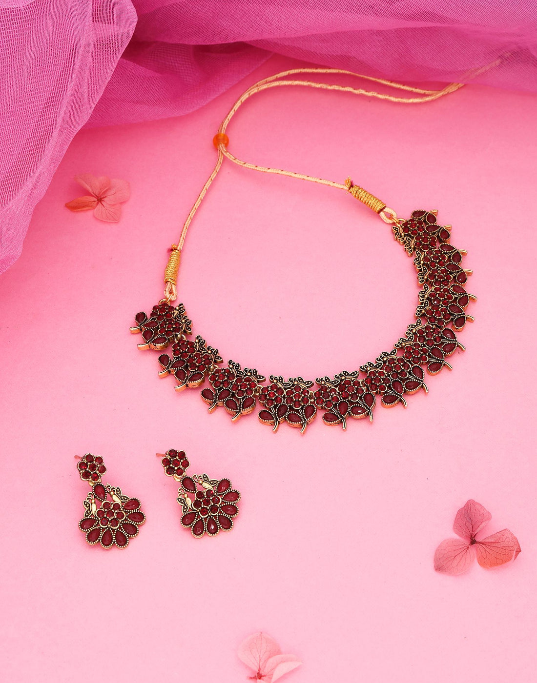 Maroon Gold Choker Necklace Set With Dangle Earring