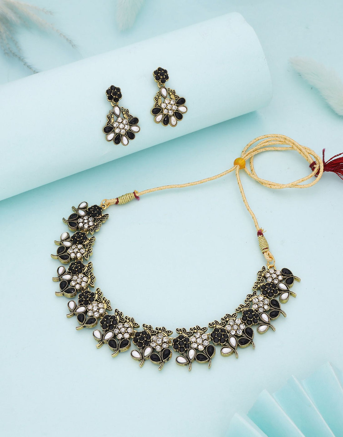 Black Gold Choker Necklace Set With Dangle Earring