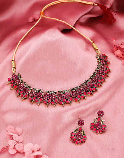 Pink Gold Choker Necklace Set With Dangle Earring