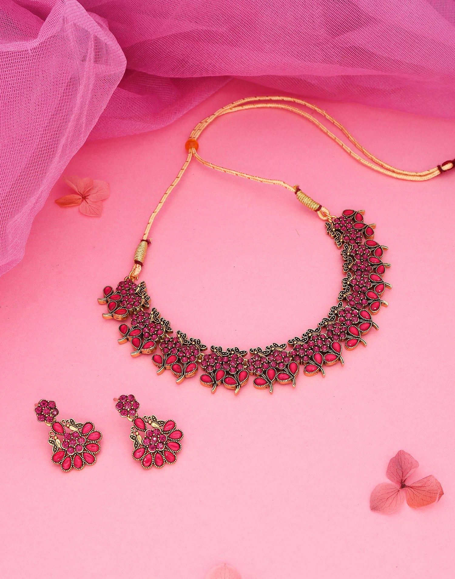 Pink Gold Choker Necklace Set With Dangle Earring