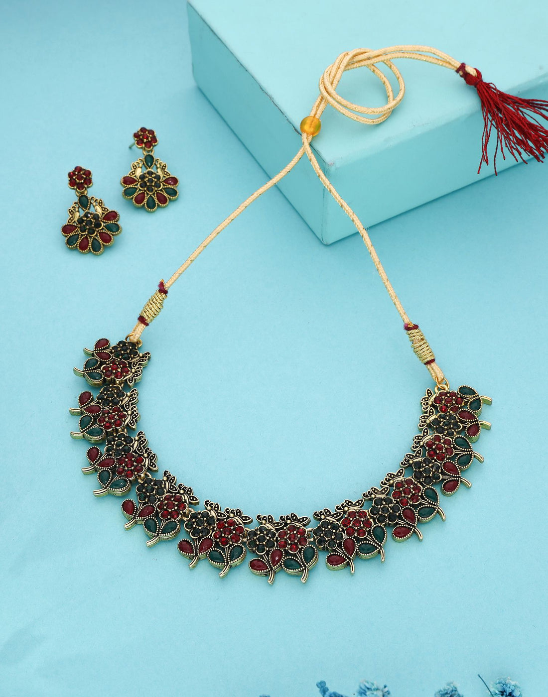 Maroon Gold Choker Necklace Set With Dangle Earring