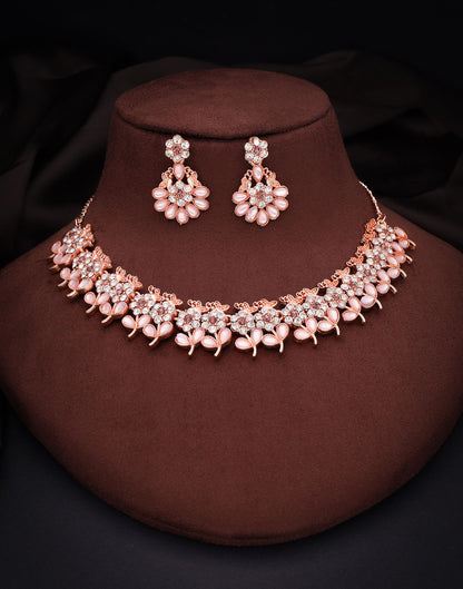 Pink Rose Gold Choker Necklace Set With Dangle Earring