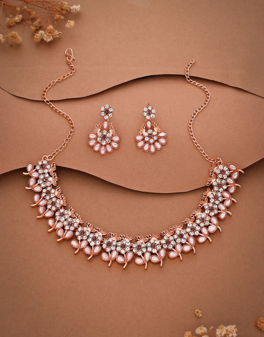 Pink Rose Gold Choker Necklace Set With Dangle Earring