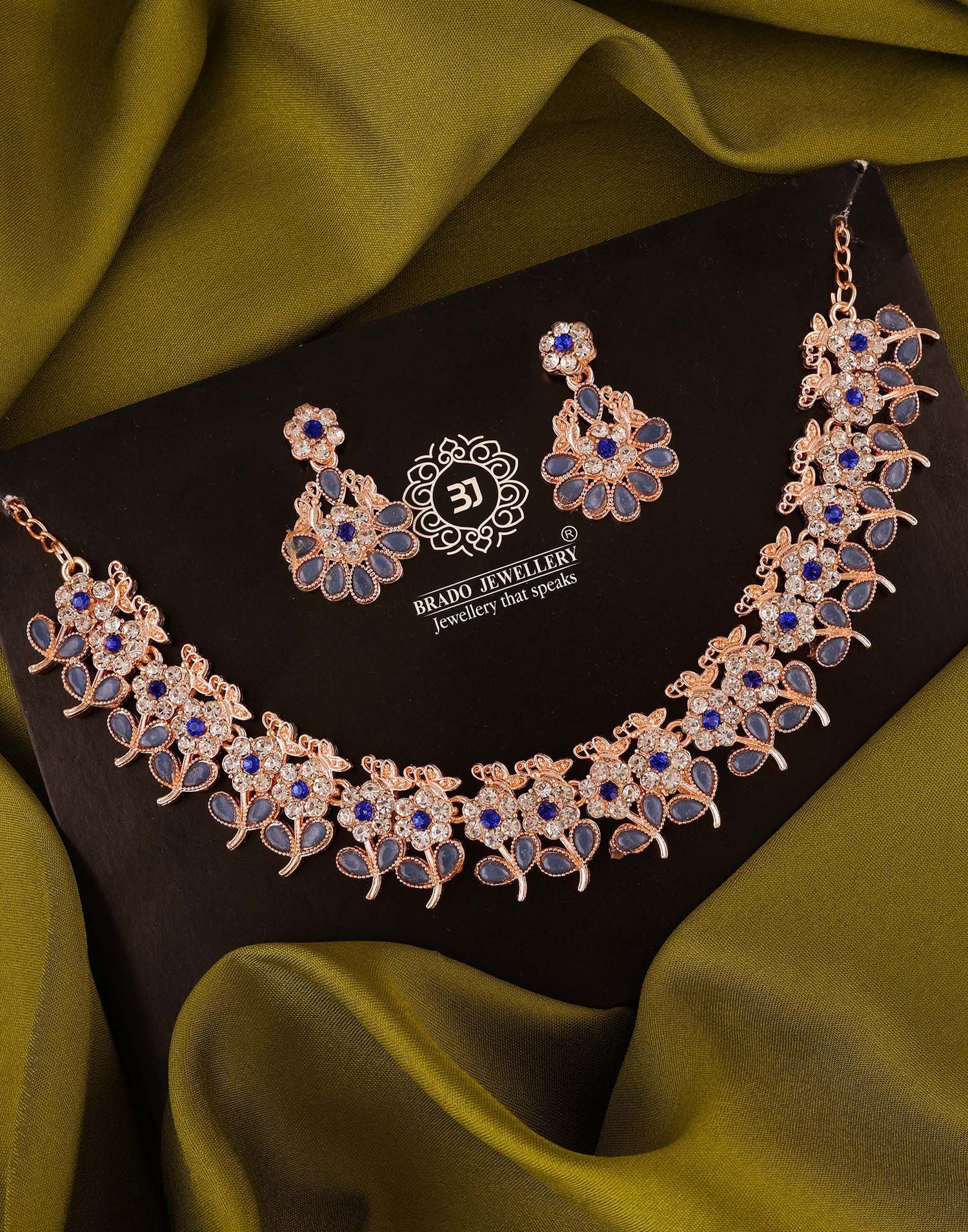 Blue Rose Gold Choker Necklace Set With Dangle Earring