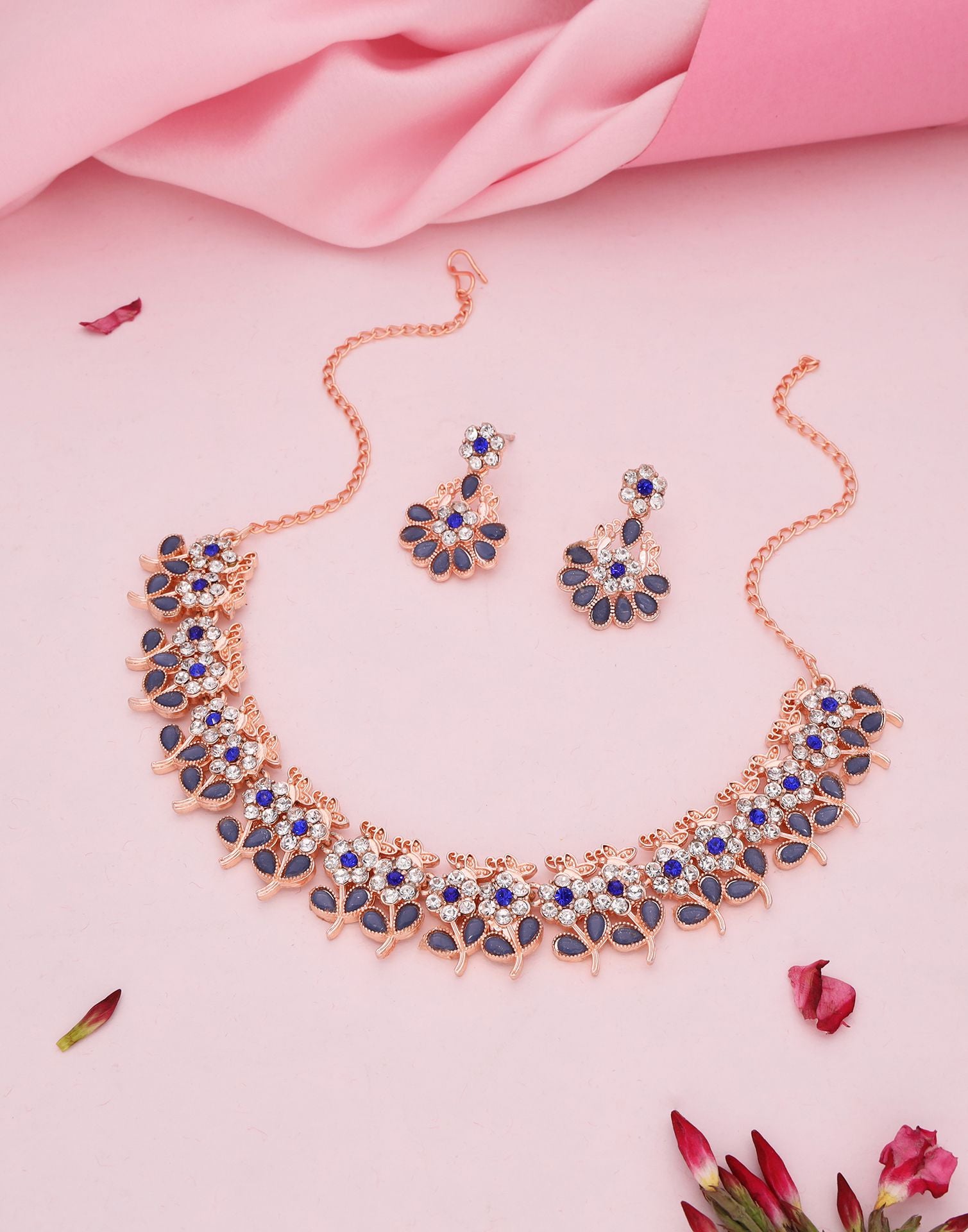 Blue Rose Gold Choker Necklace Set With Dangle Earring