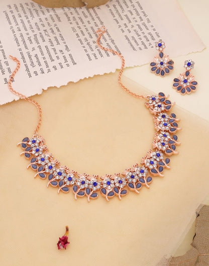 Blue Rose Gold Choker Necklace Set With Dangle Earring