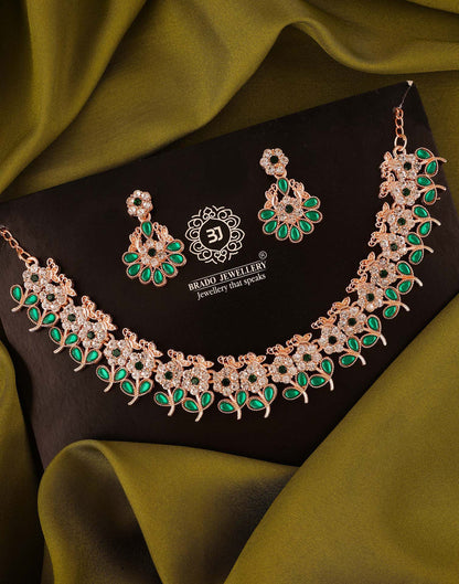 Green Rose Gold Choker Necklace Set With Dangle Earring