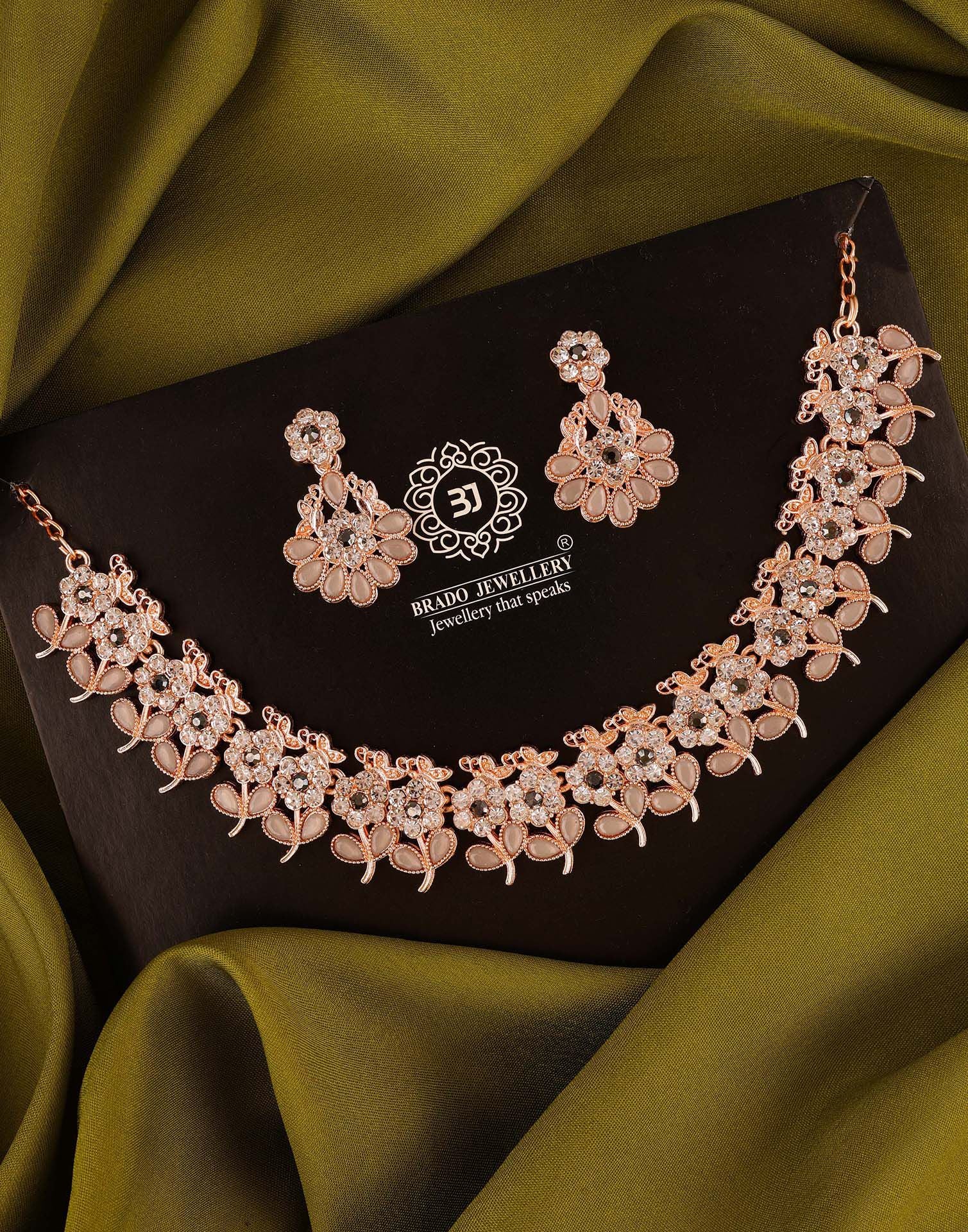 Grey Rose Gold Choker Necklace Set With Dangle Earring