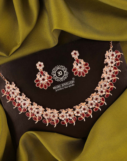 Maroon Rose Gold Choker Necklace Set With Dangle Earring