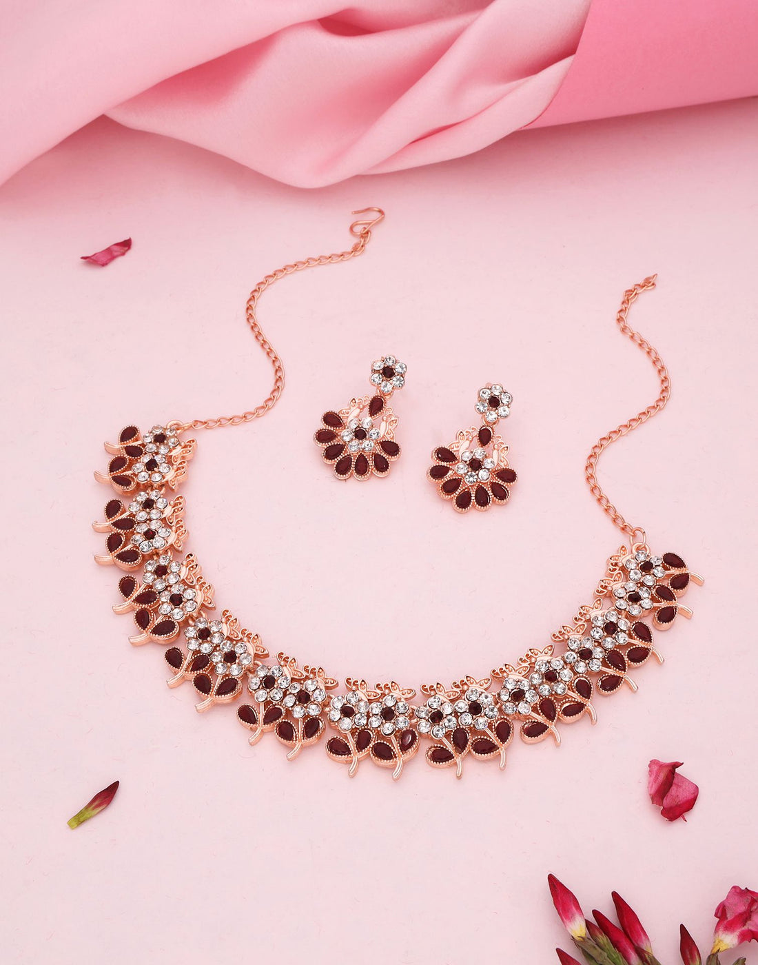 Maroon Rose Gold Choker Necklace Set With Dangle Earring