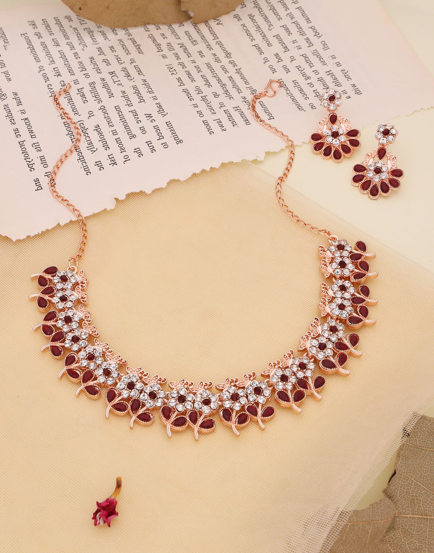 Maroon Rose Gold Choker Necklace Set With Dangle Earring