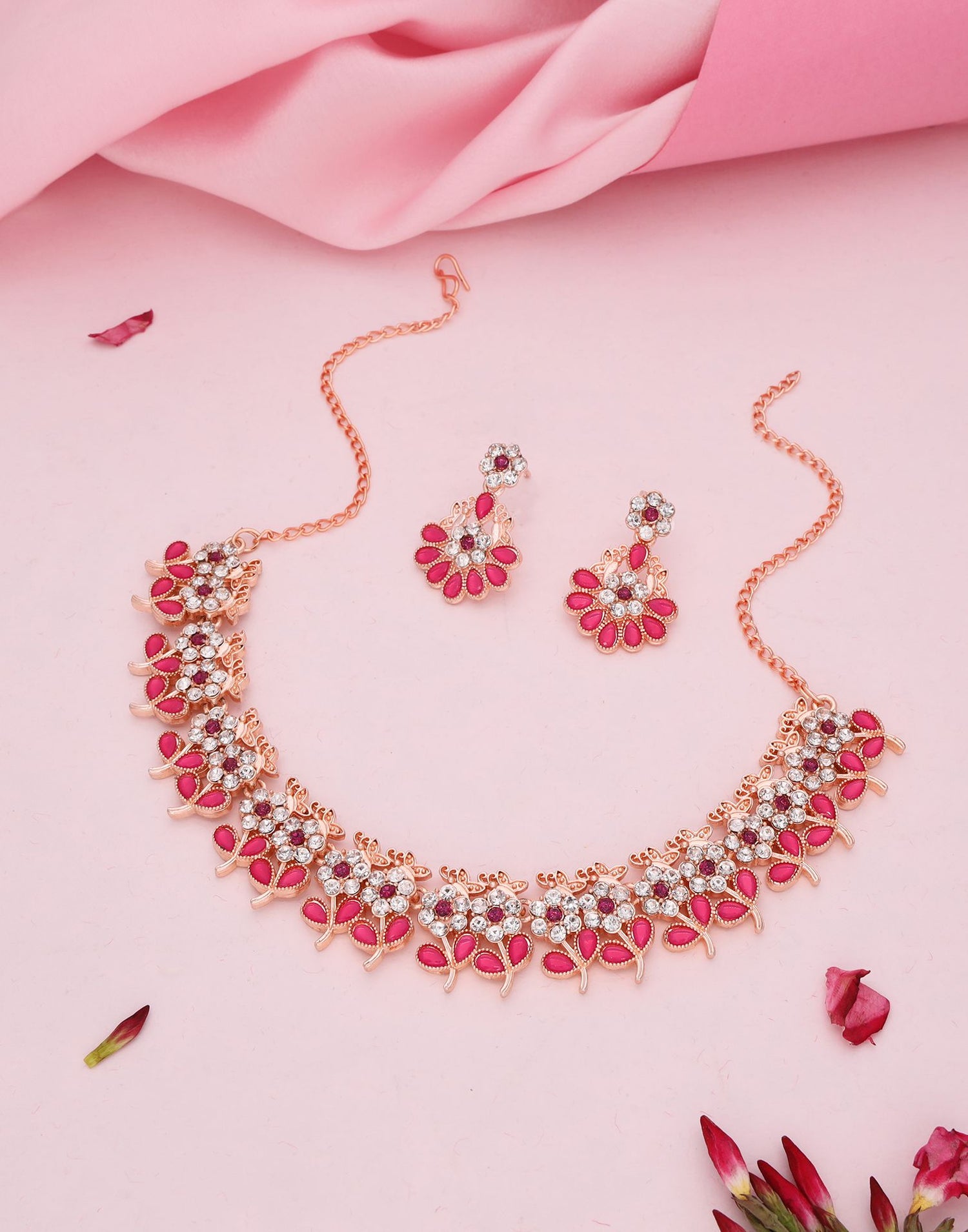 Pink Rose Gold Choker Necklace Set With Dangle Earring