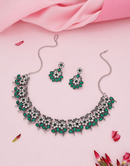 Green Silver Choker Necklace Set With Dangle Earring