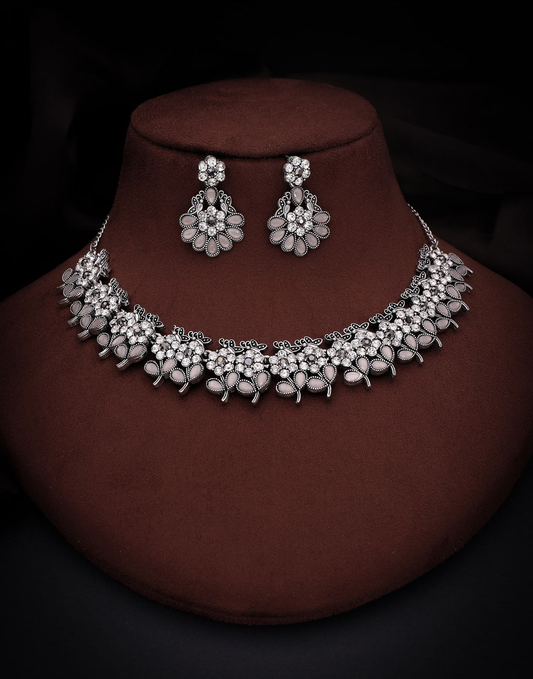 Grey Silver Choker Necklace Set With Dangle Earring