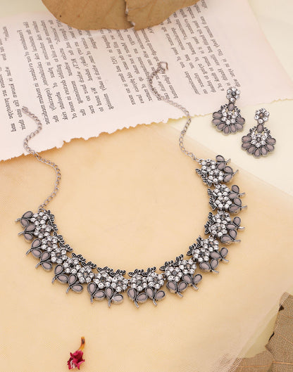 Grey Silver Choker Necklace Set With Dangle Earring