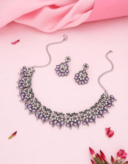 Purple Silver Choker Necklace Set With Dangle Earring