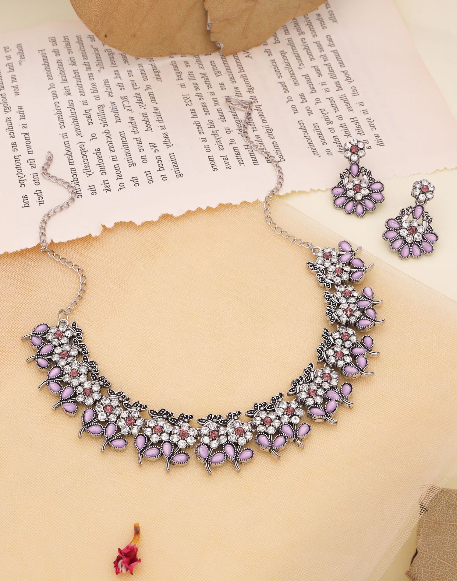 Purple Silver Choker Necklace Set With Dangle Earring