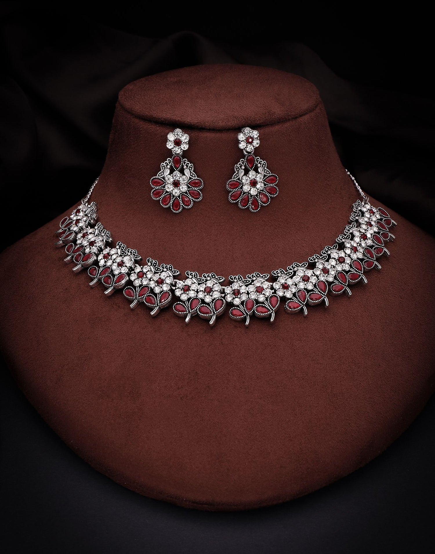 Maroon Silver Choker Necklace Set With Dangle Earring