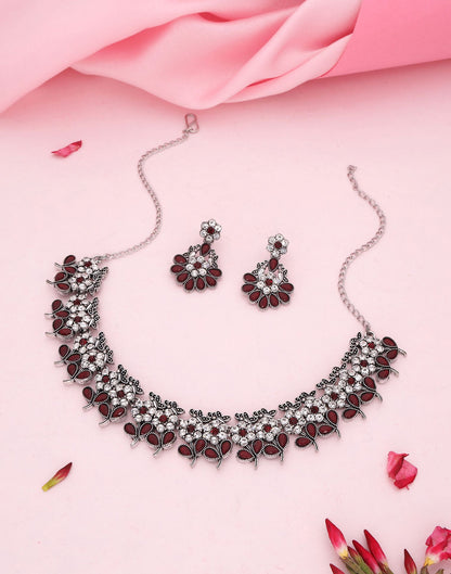 Maroon Silver Choker Necklace Set With Dangle Earring