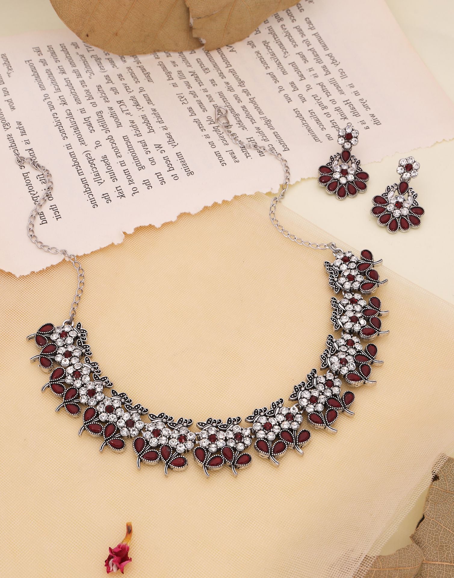 Maroon Silver Choker Necklace Set With Dangle Earring