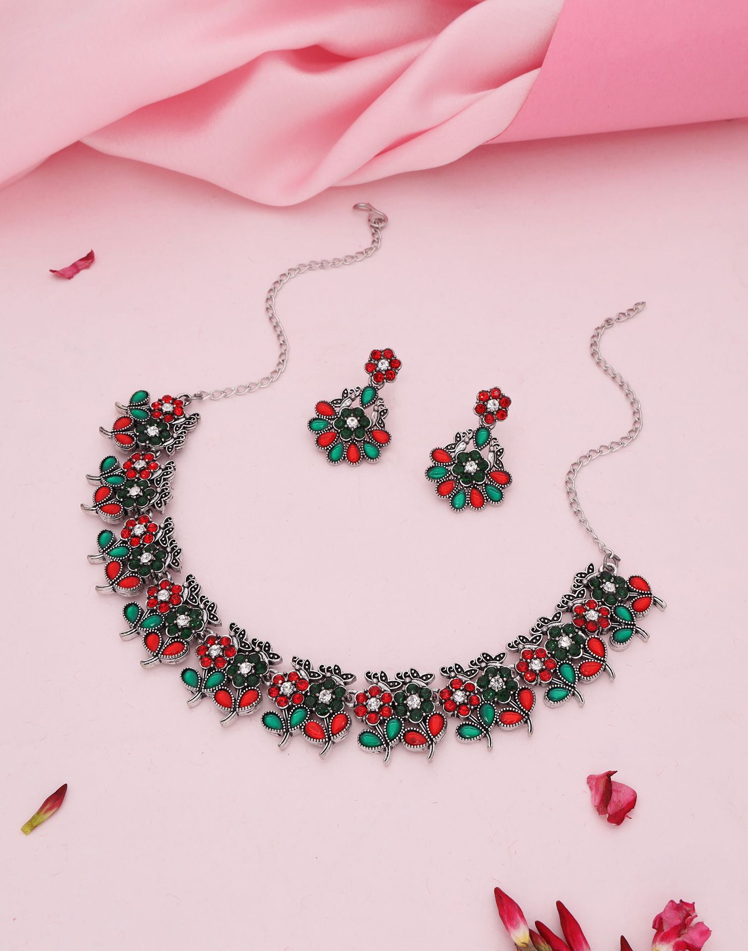 Red Silver Choker Necklace Set With Dangle Earring