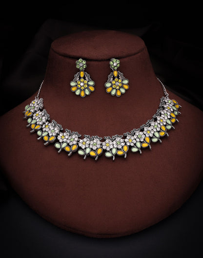 Yellow Silver Choker Necklace Set With Dangle Earring