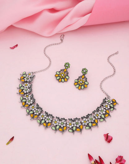 Yellow Silver Choker Necklace Set With Dangle Earring