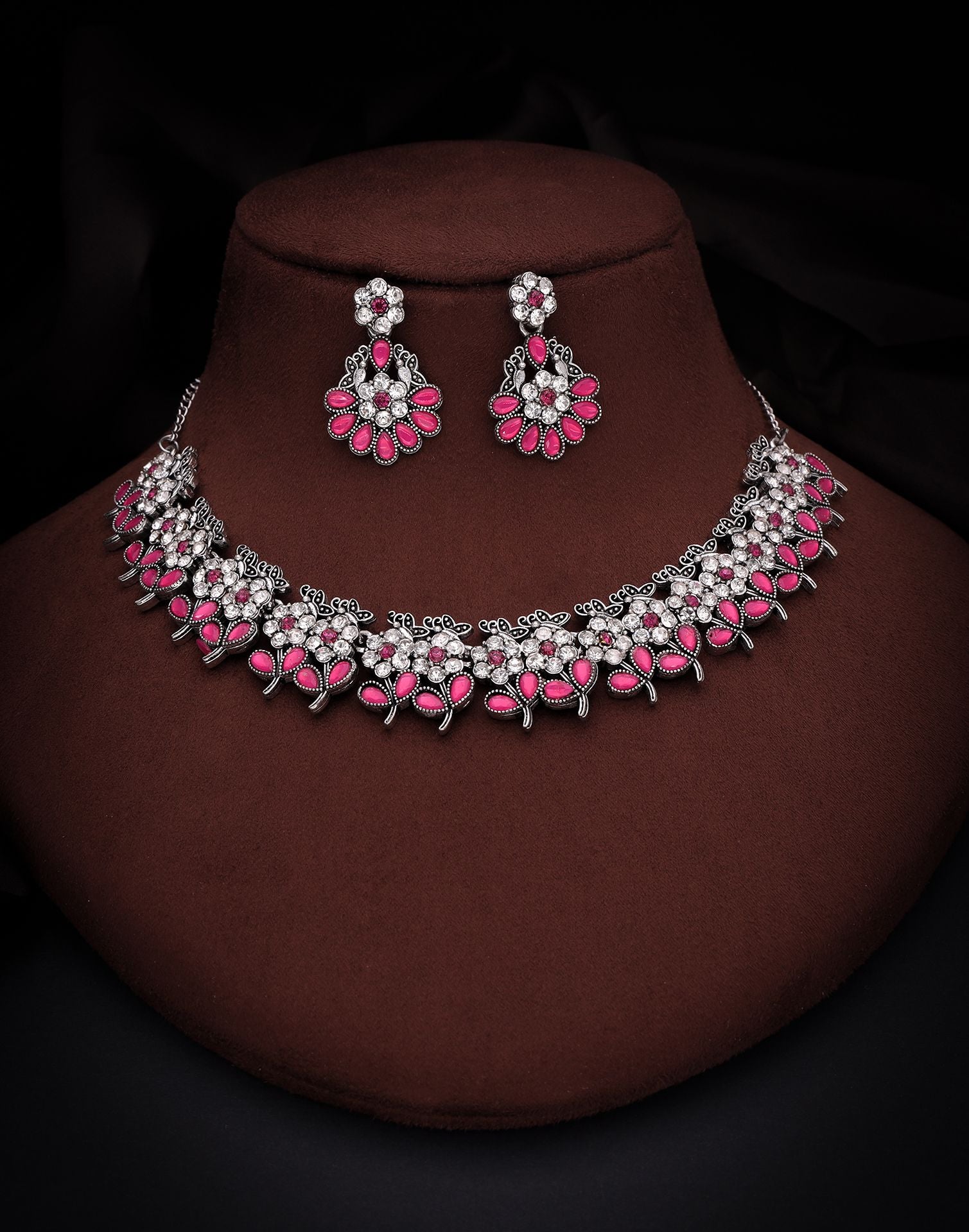 Pink Silver Choker Necklace Set With Dangle Earring