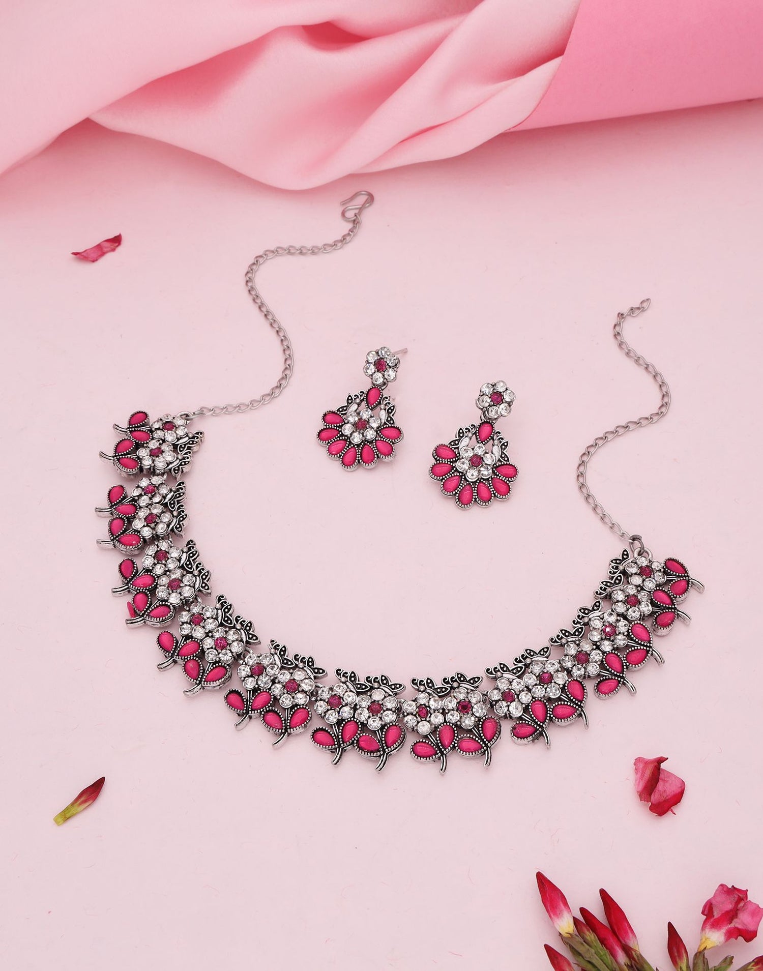 Pink Silver Choker Necklace Set With Dangle Earring