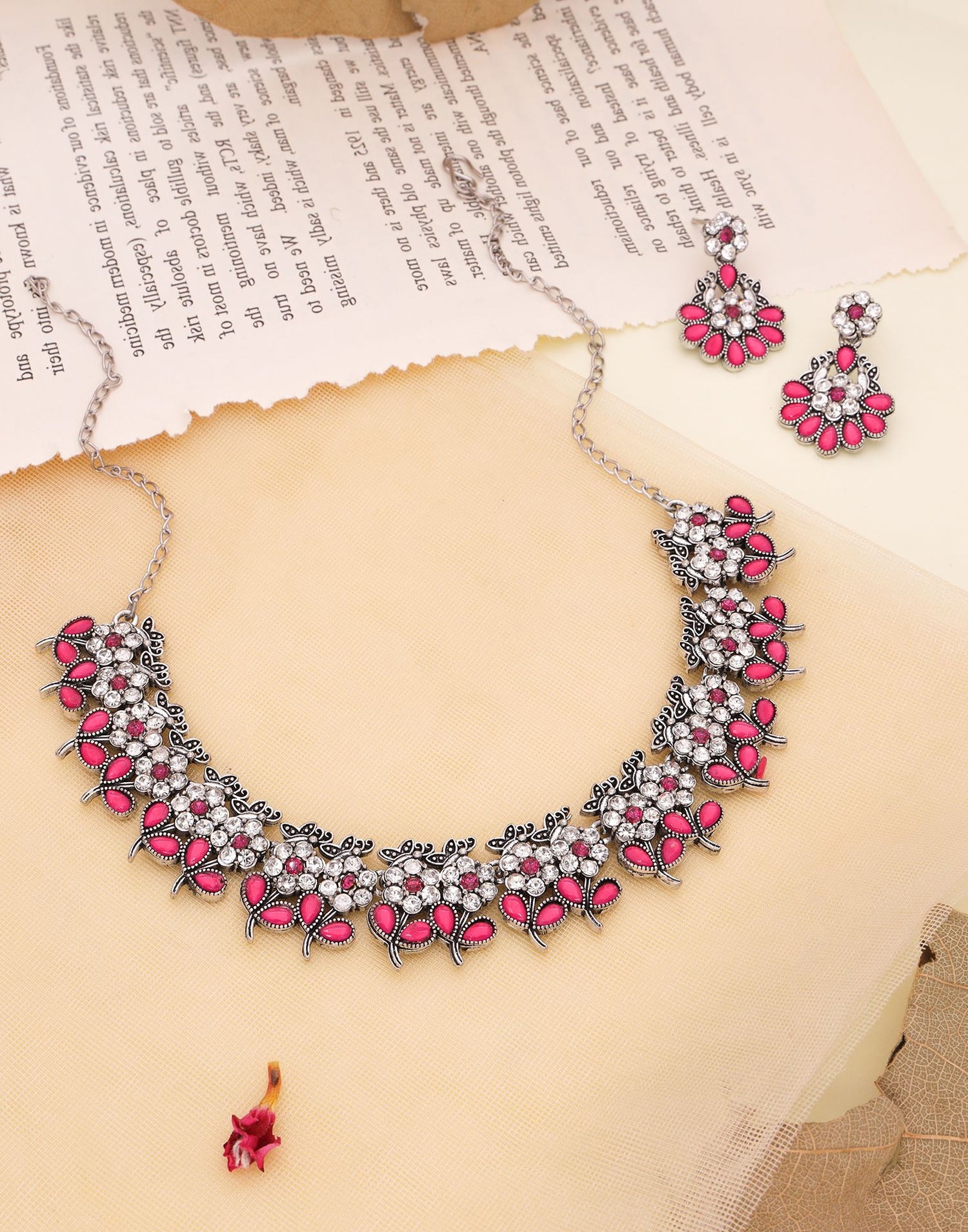 Pink Silver Choker Necklace Set With Dangle Earring