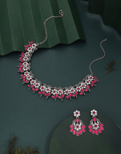 Pink Silver Choker Necklace Set With Dangle Earring