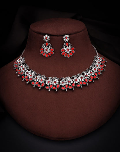 Red Silver Choker Necklace Set With Dangle Earring