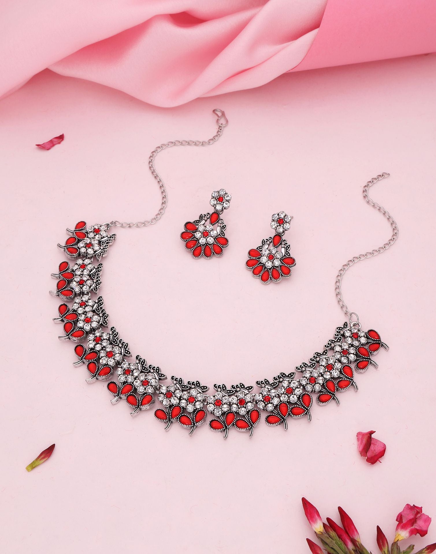 Red Silver Choker Necklace Set With Dangle Earring