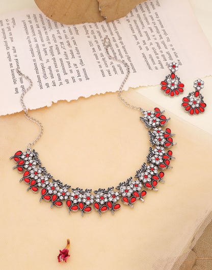 Red Silver Choker Necklace Set With Dangle Earring