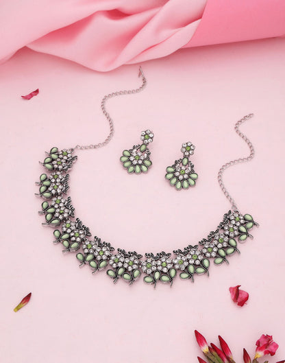 Green Silver Choker Necklace Set With Dangle Earring